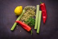 Vegan, detox green Buddha bowl recipe. organic raw fresh various microgreens for healthy salad, sprouted green cereals for healthy