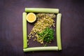 Vegan, detox green Buddha bowl recipe. organic raw fresh various microgreens for healthy salad, sprouted green cereals for healthy