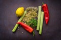 Vegan, detox green Buddha bowl recipe. organic raw fresh various microgreens for healthy salad, sprouted green cereals for healthy