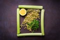 Vegan, detox green Buddha bowl recipe. organic raw fresh various microgreens for healthy salad, sprouted green cereals for healthy