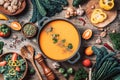 Vegan diet. Autumn harvest. Healthy, clean food and eating concept. Zero waste. Pumpkin soup with vegetarian cooking ingredients,