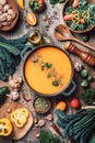 Vegan diet. Autumn harvest. Healthy, clean food and eating concept. Zero waste. Pumpkin soup with vegetarian cooking ingredients,