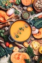 Vegan diet. Autumn harvest. Healthy, clean food and eating concept. Zero waste. Pumpkin soup with vegetarian cooking
