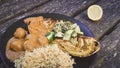 Vegan dish with oven baked cabbage, cucumber, vegan meatballs in Peanut Sauce and quinoa Royalty Free Stock Photo