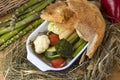 Vegan dish. Vegetables stewed in the dough