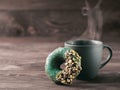 Vegan donuts topped spirulina glaze, copy space Royalty Free Stock Photo