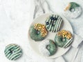 Vegan donuts topped spirulina glaze Royalty Free Stock Photo