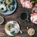 Vegan donuts topped spirulina glaze Royalty Free Stock Photo