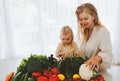 Vegan family mother and daughter child cooking healthy food organic vegetables nutrition Royalty Free Stock Photo