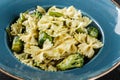 Vegan Farfalle pasta in a spinach sauce with broccoli, brussels sprouts, green beans in plate on dark stone background Royalty Free Stock Photo