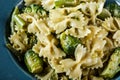 Vegan Farfalle pasta in a spinach sauce with broccoli, brussels sprouts, green beans in plate on dark stone background