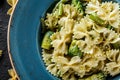 Vegan Farfalle pasta in a spinach sauce with broccoli, brussels sprouts, green beans in plate on dark stone background Royalty Free Stock Photo