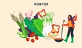 Vegan food banner or poster with tiny woman cooking vegetarian food, flat vector. Royalty Free Stock Photo