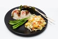 Vegan food. Close-up of homemade asian food, rice with salad and nori