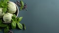 Vegan food concept. Basil ice cream in a bowl on light turquiose background. Home made green ice cream with basil and mint, copy