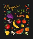 Vegan food concept cartoon vegetables and fruit