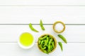 Vegan food with green soybeans or edamame on white wooden background top view copy space Royalty Free Stock Photo