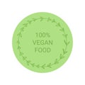 100 vegan food label. Green round sticker, sign with floral frame. Vector Royalty Free Stock Photo
