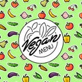 Vegan food menu restaurant advertisement, logo on seamless veget