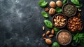 vegan food nuts almonds gray background Royalty Free Stock Photo