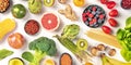 Vegan food panorama. Healthy diet concept. Fruits, vegetables, pasta etc