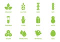Vegan Food Product Silhouette Green Icon Set. Organic Allergy Ingredient Sign. Gluten, Sugar, Trans Fat, Corn, GMO