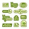 Vegan food stickers. Eco veggie freshness label, green bio tags. Ecology emblem for packaging, healthy vegetarian