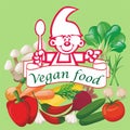 Vegan food - vector illustration. Cute chef with a spoon, different vegetables around.