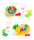 Vegan food, vegetarian salad, natural organic meal. Man sit on salad bowl. Banana, tomato. Concept illustration. Vector