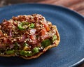 Vegan Fusion Tostada on Blue Plate