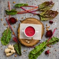 Vegan gazpacho beet cream soup flatlay