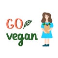 Go vegan lettering and happy girl with a bag full of fruits and vegetables, healthy vegetarian food concept, vector Royalty Free Stock Photo