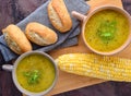 Corn chowder light soup and bread Royalty Free Stock Photo