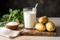 Vegan goodness Selective focus on glasses with powdered potato milk