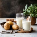 Vegan goodness Selective focus on glasses with powdered potato milk