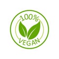 Vegan 100%, great design for any purposes. Green lettering.Eco product. Vector label tag. Healthy nutrition. Vegetarian healthy Royalty Free Stock Photo