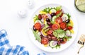 Vegan greek salad with kalamata olives, cherry tomato, yellow paprika, cucumber and red onion, healthy mediterranean diet food,