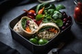 Vegan Greek Wrap Lunch Box With Hummus And Tzatziki Sauce. Generative AI