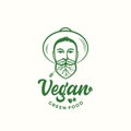 Vegan Green Food Abstract Vector Sign, Symbol or Logo Template. Young Man in Gardener Hat. Face with Leaves Incorporated
