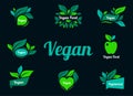 Vegan green logo stickers set for vegan product shop tags, vegetarian labels or banners and posters.