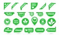 Vegan green stickers set for vegan product shop tags, labels or banners and posters. Vector vegan sticker icons templates set