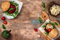 Vegan grilled eggplant, arugula, sprouts and pesto burger. Veggie beet and quinoa burger. Top view, overhead, flat lay. Copy space