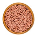 Vegan ground meat, a substitute for minced meat, in a wooden bowl