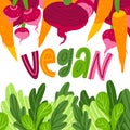 `Vegan` hand lettering, illustration with frame of vegetables isolated on the white background.