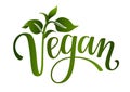 Vegan handwritten lettering with green leaves. Label, tag, stamp.