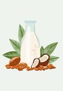Vegan healthful organic, lactose-free milk in bottle glass. Milk with almond nut, coconut, pine nut. Non dairy, plant