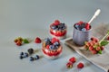 Vegan healthy food. Chia pudding with fresh raspberries, blueberries, blackberries and granola or musley