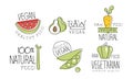 Vegan Healthy Food Labels Set, Natural Raw Vegetarian Food Hand Drawn Labels Vector Illustration
