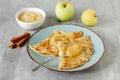 Vegan crepes with apple sauce and cinnamon, healthy food for children Royalty Free Stock Photo