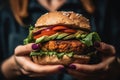 Vegan Humberger In Womens Hands Closeup. Generative AI